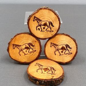 VTG Wood Slice Coaster Set Horse Burned Rustic Cabin Decor Log Round Set 4 Ranch